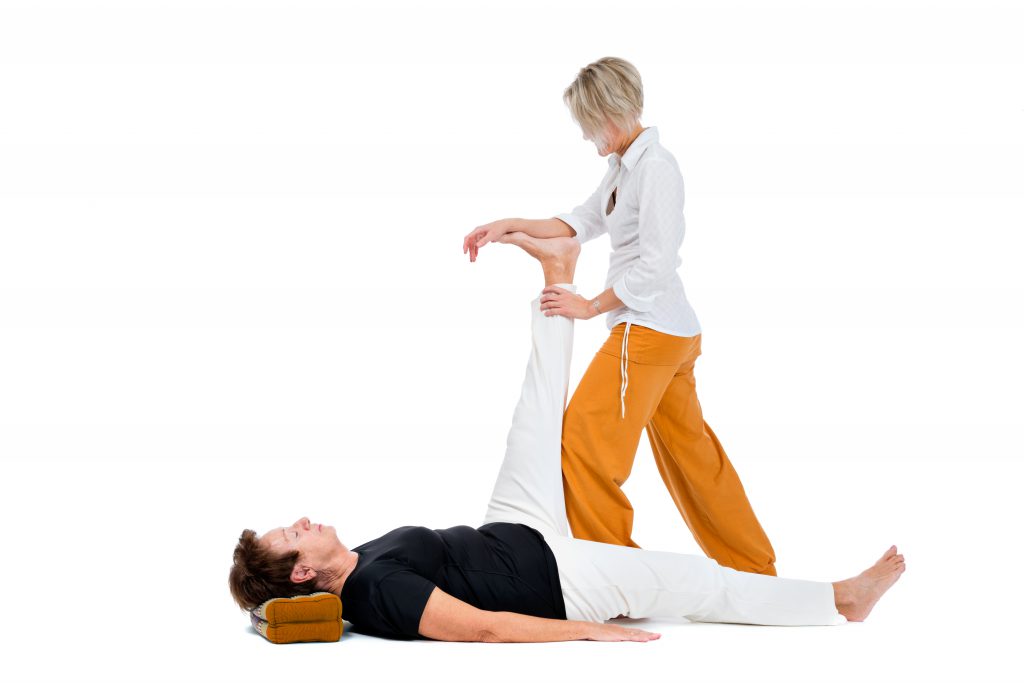 thai massage, stretching on white background